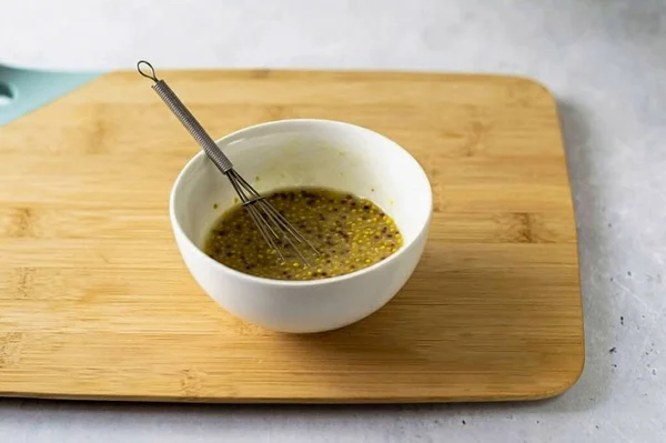 Pour Olive Oil Grainy Mustard Stir Smooth Whisk — Stock Photo, Image