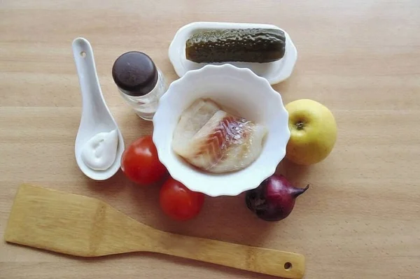 Prepare All Ingredients Ground Black Pepper Salt Apple Tomato Mayonnaise — Stock Photo, Image