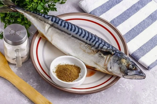 Alle Zutaten Zubereiten Gemahlener Schwarzer Pfeffer Makrele Frisches Salz Lorbeerblatt — Stockfoto