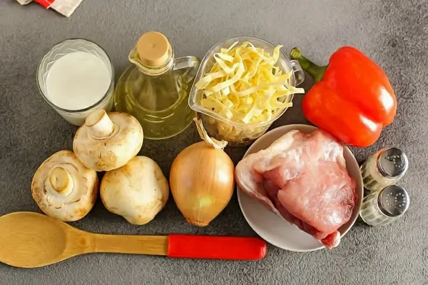 Preparare Tutti Gli Ingredienti Pepe Bulgaro Olio Vegetale Champignons Carne — Foto Stock