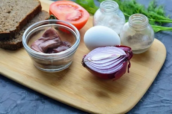 Prepare All Ingredients Herring Milk Black Bread Red Onion Eggs — Stock Photo, Image