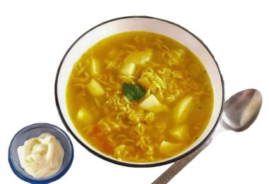 Çorbanın tadına bak, gerekirse düzelt. Sonra kaselere doldur ve servis yap. Bekarlar mayonez ile servis edilen çorbayı severler..