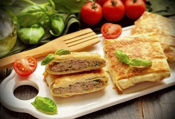 Lavash Envelopes Meat Cheese Great Alternative Pies Thin Pita Bread — Stock Photo, Image