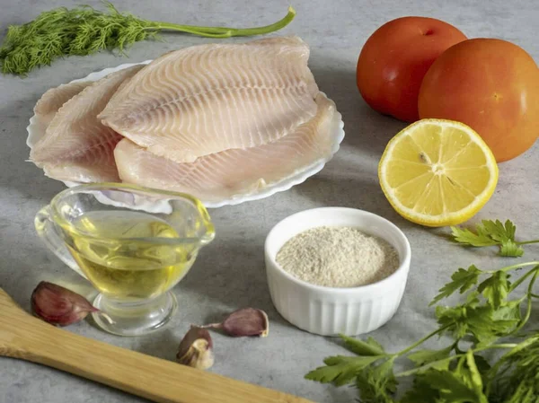 Připravte Všechny Potřebné Ingredience Pro Řecké Ryby — Stock fotografie