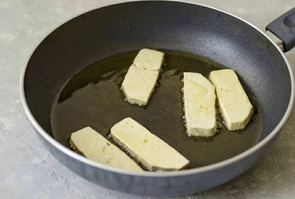 Tofu Rozkrojíme Půl Centimetru Fried Them Oil Crisp — Stock fotografie