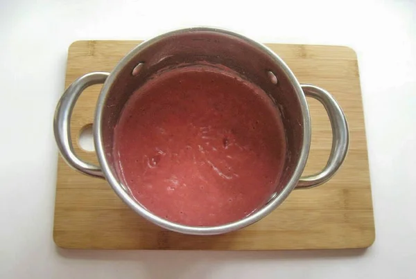 Place Pot Stove While Stirring Constantly Bring Kurd Thickening — Stock Photo, Image