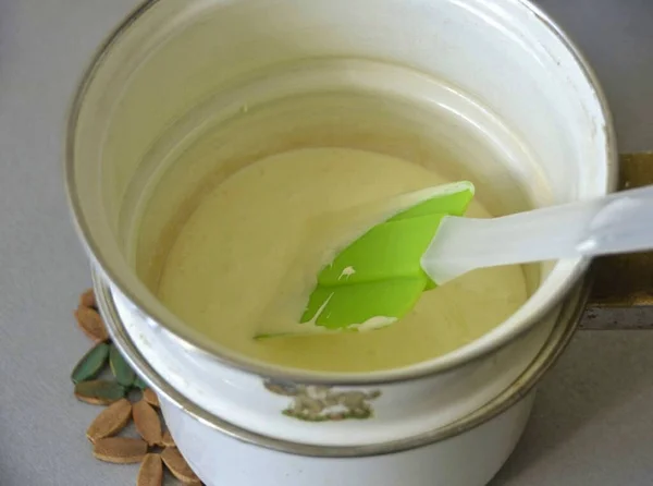 Pour Yolk Mixture Saucepan Place Water Bath Heat — Stok fotoğraf