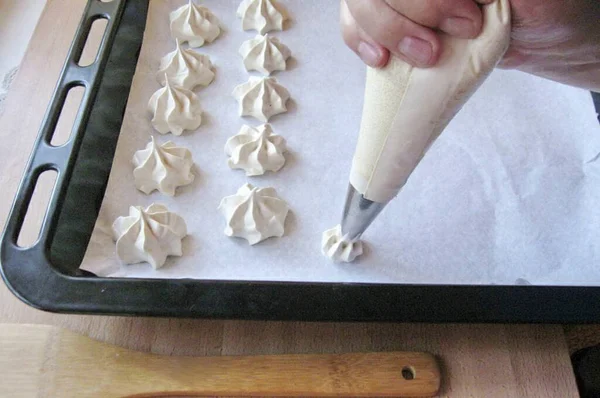 Use Piping Bag Attachment Place Meringue Baking Sheet Baking Paper — Stok fotoğraf