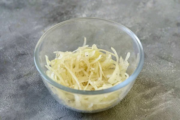 Cut Onion Half Rings Pass Garlic Press Add Salt Pepper — Stock Photo, Image