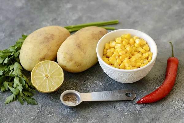 Prepare All Necessary Ingredients Making Potato Corn Cutlets — Stock Photo, Image