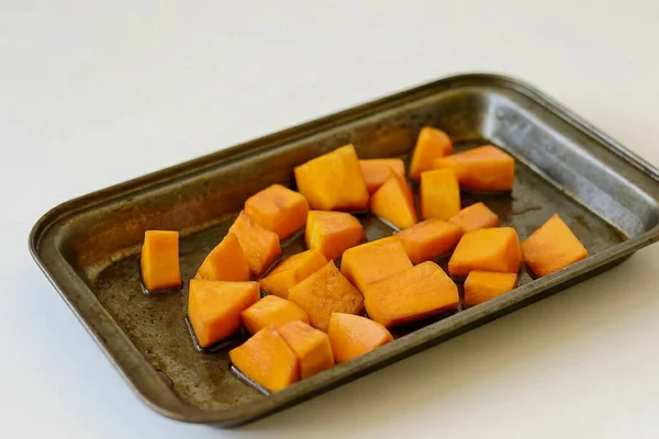 Cut Pumpkin Cubes Sprinkle Vegetable Oil Soy Sauce Bake Oven — Stock Photo, Image