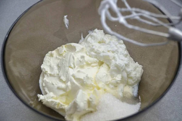 Another Bowl Add Mascarpone Soft Cottage Cheese Remaining Sugar — Stock Photo, Image