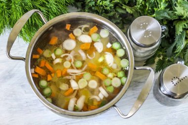 Tavuk suyuna çorba dök. Tarifte önceden pişirilmiş ve çözülmüş et suyu kullanılıyor. Dilerseniz, çorbayı pişirene kadar tavuğun herhangi bir parçasını önceden kaynatabilir ve böyle bir çorbada pişirebilirsiniz. Tencereyi ocağa koy, Maxi 'yi aç.