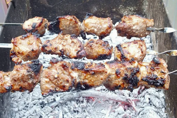 Faire Revenir Shish Kebab Retournant Périodiquement Jusqu Soit Doré Pendant — Photo