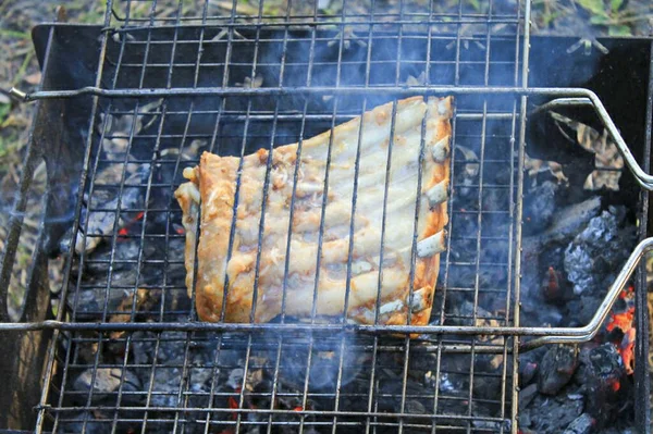 Coloque Costelas Rack Arame Sobre Brasas Cinzentas — Fotografia de Stock