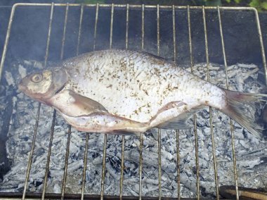 Izgarayı hazırlayın. Kömürler gri ve sıcak olmalı. Kabloyu ince bir sebze yağıyla yağla. Hazırlanmış çipleri ona aktar. Bir tarafta 8 dakika boyunca kızart.