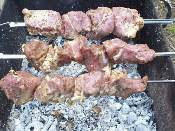 グリルの石炭が になると 串に肉を文字列します 炭火焼に移し 35分間炒め 時折回転し 酢と水で注ぐ — ストック写真