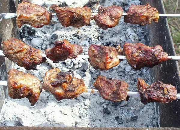 Después Hora Indicada Compruebe Preparación Del Kebab Pon Pedazo Carne — Foto de Stock