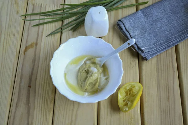 Die Marinade Zubereiten Einer Kleinen Schüssel Mayonnaise Senf Und Den — Stockfoto