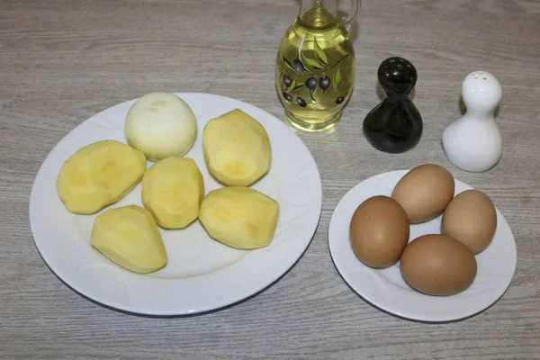 Prepare Todos Ingredientes Necessários Para Fazer Caçarola Batata Espanhola — Fotografia de Stock