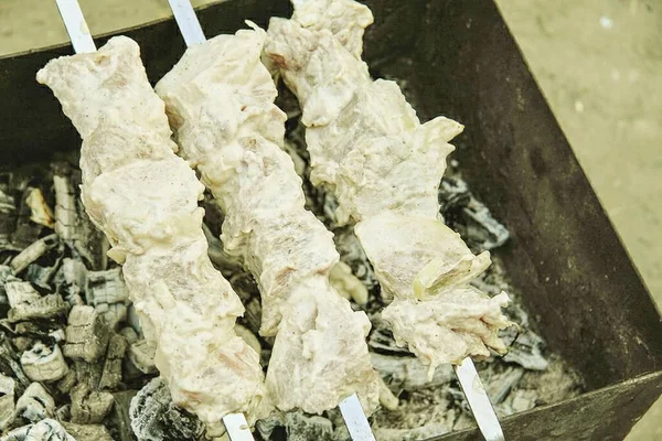 Kawałki Marynowanego Mięsa Nawleczone Szpikulec Umieścić Grillu Smażyć Okresowo Mięso — Zdjęcie stockowe