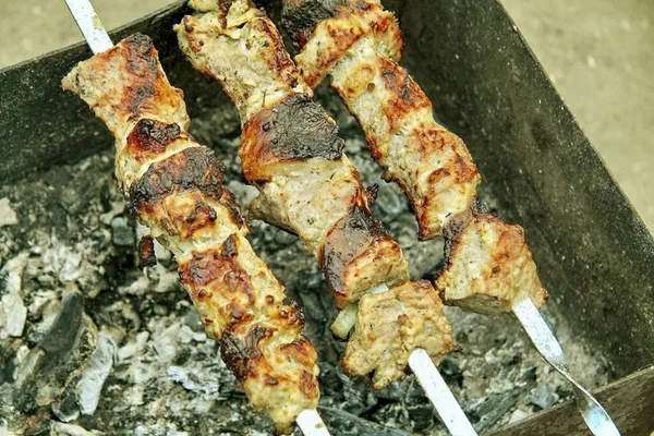 Jak Tylko Mięso Będzie Złotobrązowe Kebab Wieprzowy Kwaśnej Śmietanie Będzie — Zdjęcie stockowe