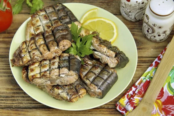 Kebab Pesce Sulla Griglia Pronto Kebab Pesce Diventerà Una Decorazione — Foto Stock