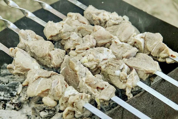 Las Porciones Carne Cuelgan Brochetas Ponen Freír Kebab Debe Ser — Foto de Stock