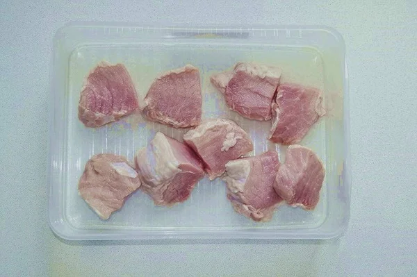 Lave Carne Seque Corte Pedaços Médios Coloque Recipiente Conveniente Qual — Fotografia de Stock