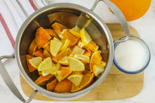 種を削除し スライスに柑橘類の半分をカット 鍋に追加します — ストック写真