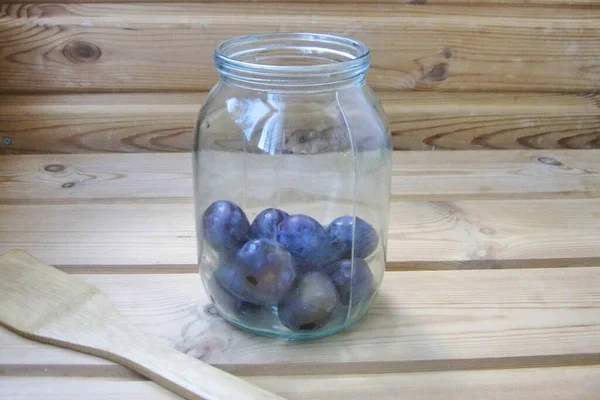 Place Plums Clean Sterilized Liter Jar — Stock Fotó