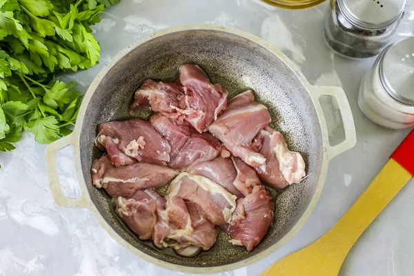 Rinse Meat Water Cut Veins Films Cut Lamb Portions Heat — Stock Photo, Image