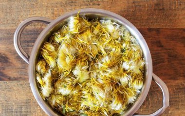 Transfer the dandelion petals to a saucepan, cover with water and place on the stove. Bring water to a boil, reduce heat, and simmer for ten to fifteen minutes. clipart