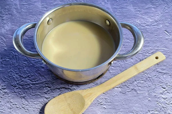 Combinați Laptele Zahărul Vanilina Cafeaua Proaspăt Preparată Într Cratiță Aduceți — Fotografie, imagine de stoc