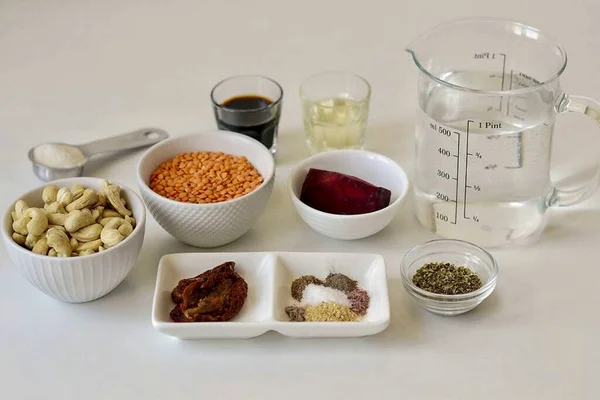 Prepare Todos Ingredientes Necessários Para Fazer Salsicha Lentilha — Fotografia de Stock