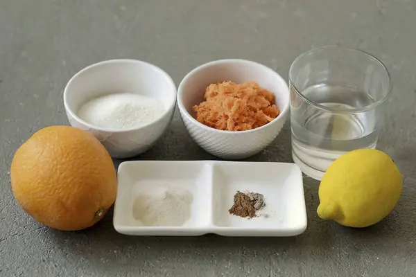 Prepare Todos Ingredientes Necessários Para Fazer Cenoura Marmalade — Fotografia de Stock