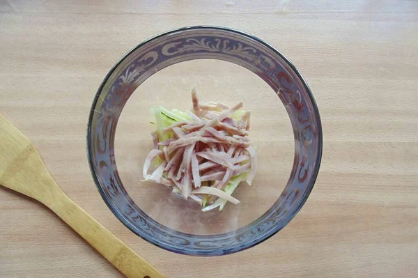 Cut Ham Strips Add Salad — Stock Photo, Image