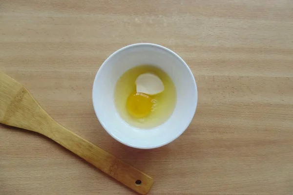 Break Egg Bowl Add Teaspoon Mayonnaise Pinch Salt — Stock Photo, Image