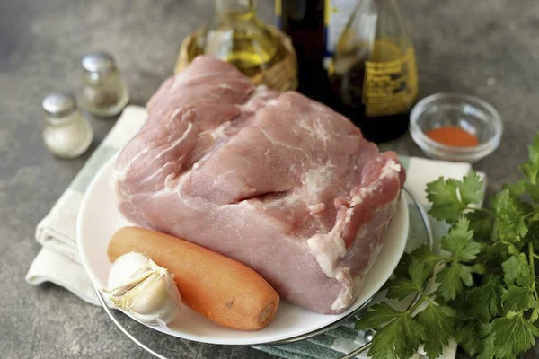 Prepare All Ingredients Wash Pork Pat Dry Paper Towels Peel — Stock Photo, Image