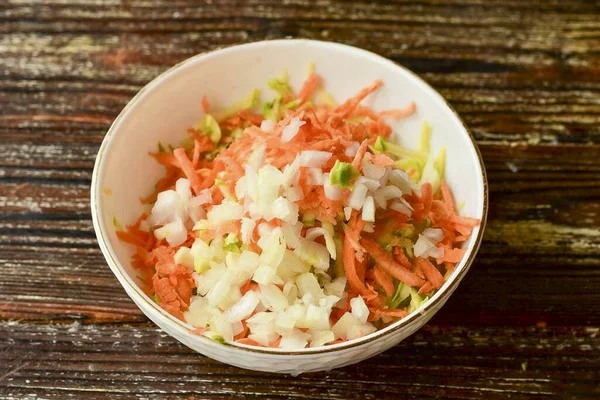 Grate Zucchini Carrots Chop Onions — Stock Photo, Image