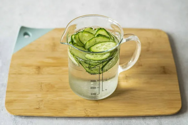 Cut Cucumber Thin Slices Mix Soda Leave Hour — Stok fotoğraf