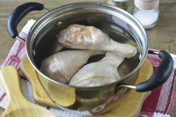 Rinse Meat Put Saucepan Cover Clean Water — Foto Stock