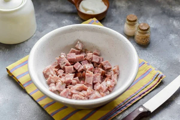 Cut Ham Small Cubes Transfer Salad Bowl — Stock Photo, Image