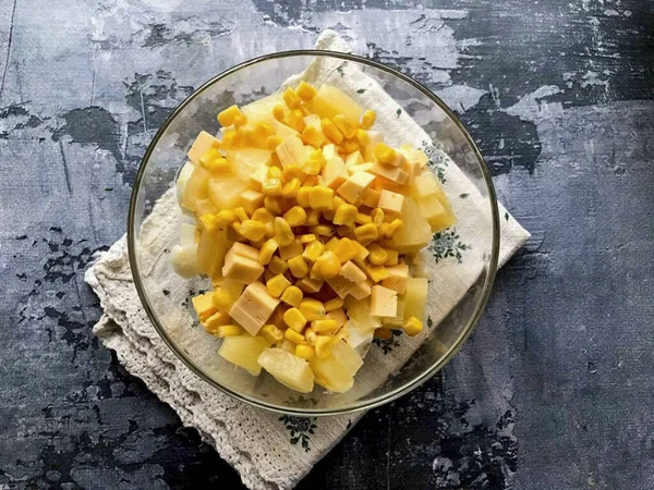 Add Canned Corn Salad — Stock Photo, Image