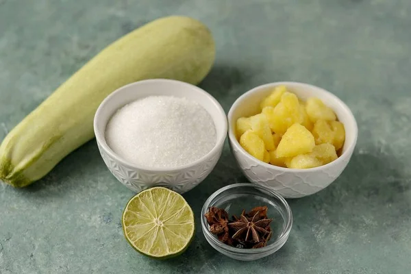 Prepare Todos Los Ingredientes Necesarios Para Hacer Mermelada Calabacín Piña — Foto de Stock