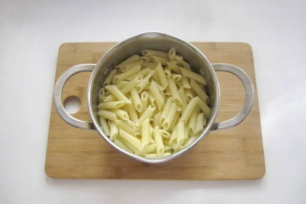 Ponga Pasta Agua Hirviendo Salada Cocine Durante Tiempo Indicado Paquete — Foto de Stock