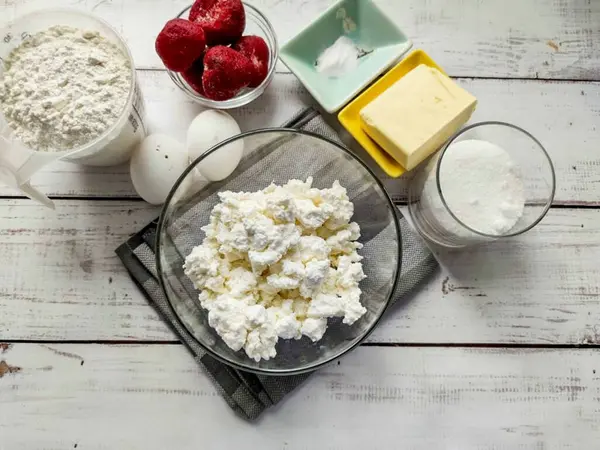 Prepare Todos Los Ingredientes Necesarios Para Hacer Pasteles Cuajada Fresa — Foto de Stock