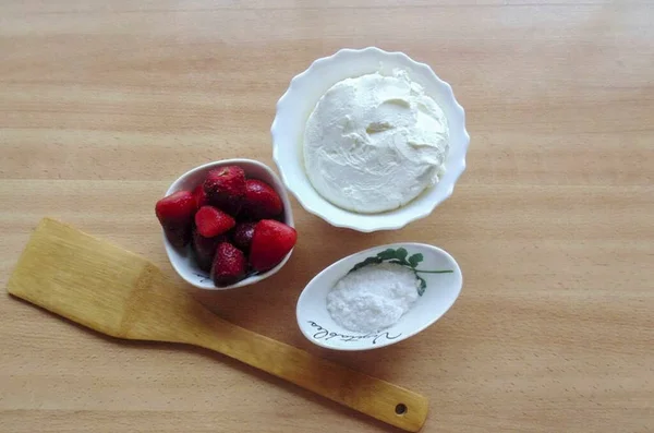 Prepare Todos Ingredientes Necessários Para Fazer Queijo Creme Morango — Fotografia de Stock