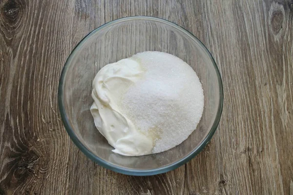 Put Sour Cream Deep Bowl Add Sugar — Stock Photo, Image