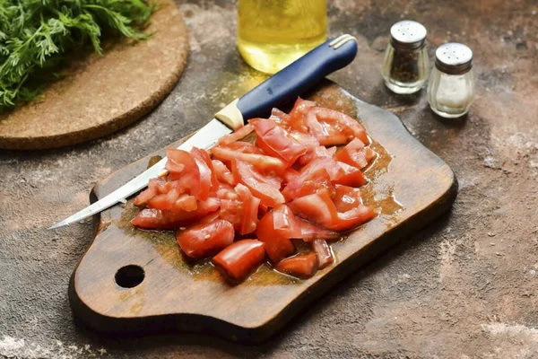 Rinse Dry Tomato Cut Small Pieces — Stock Photo, Image